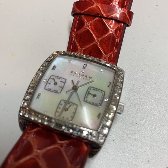 Skagen womens watch 30mm Mother of Pearl Dial Red Leather Band Rhinestones main image 7
